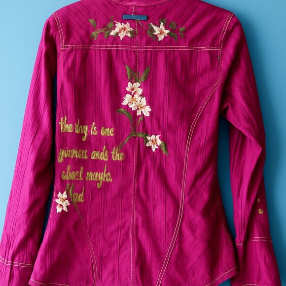 Y2K Betsys embroidered boho western floral mandarin collar shirt raw WS48 - Picture 3 of 5